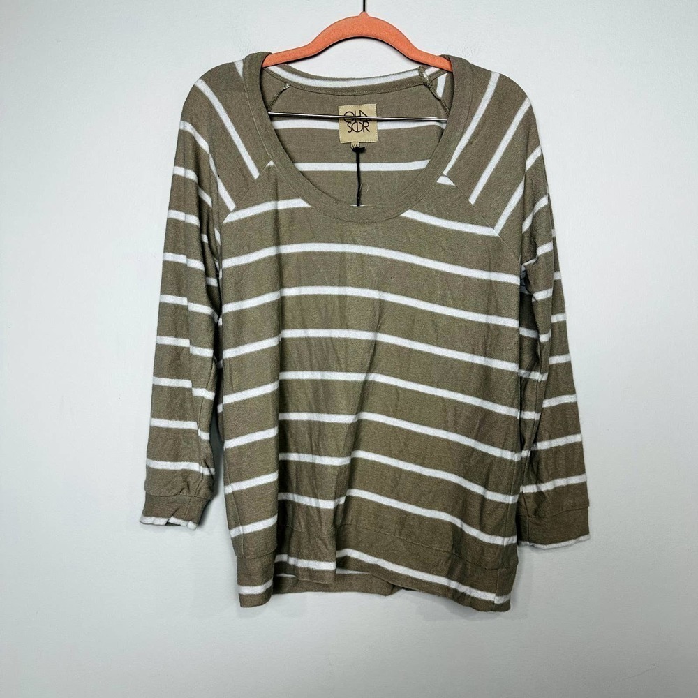 Chaser NWT Love Cloth Striped Long Sleeve Scoop Neck Raglan Pullover Sand Medium